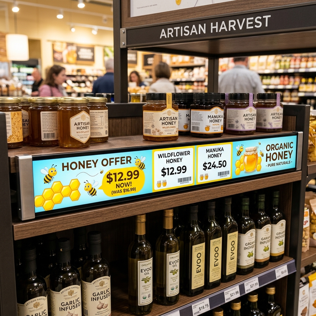 Stretched Bar Screen on Supermarket Shelf