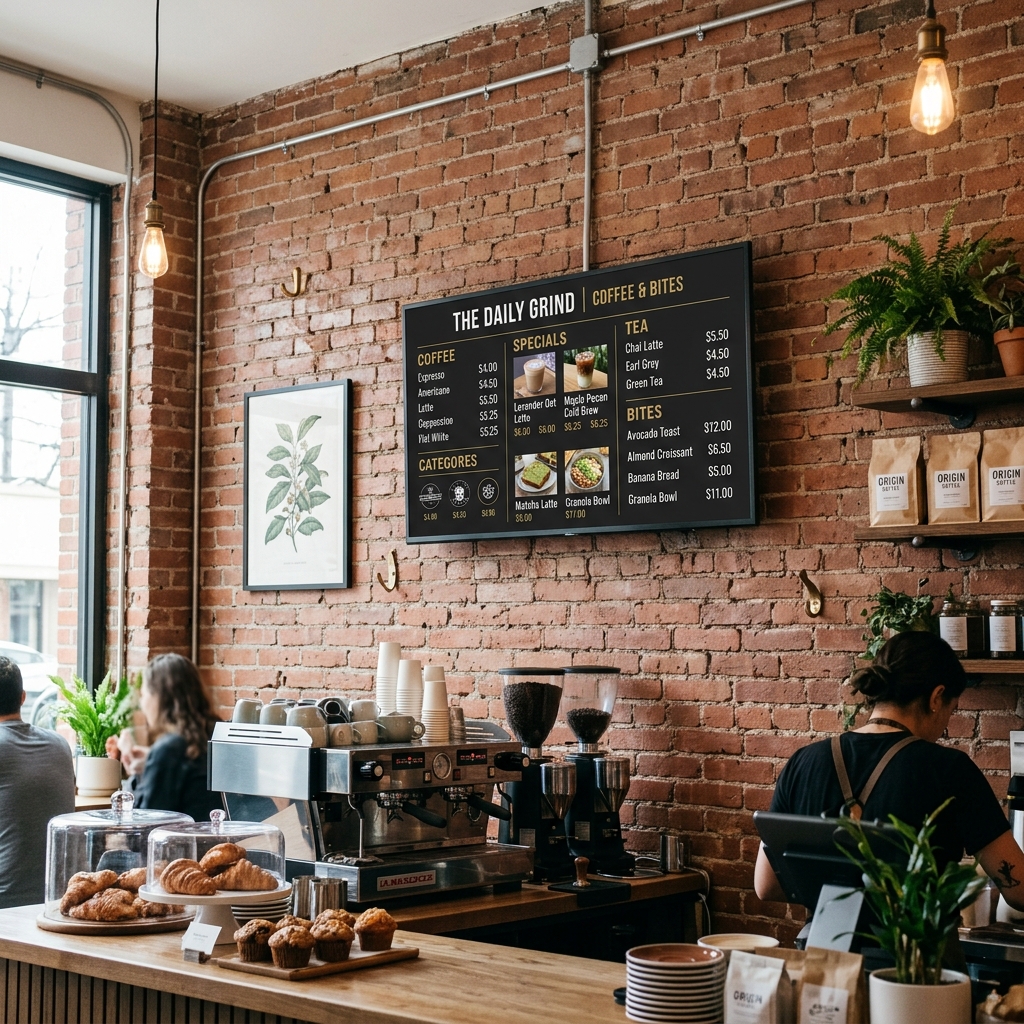 Wall-Mounted Display in Modern Cafe